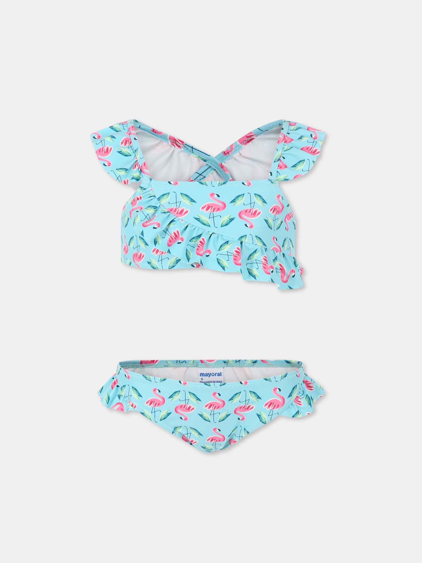 Bikini celeste per bambina con fenicottero all over
