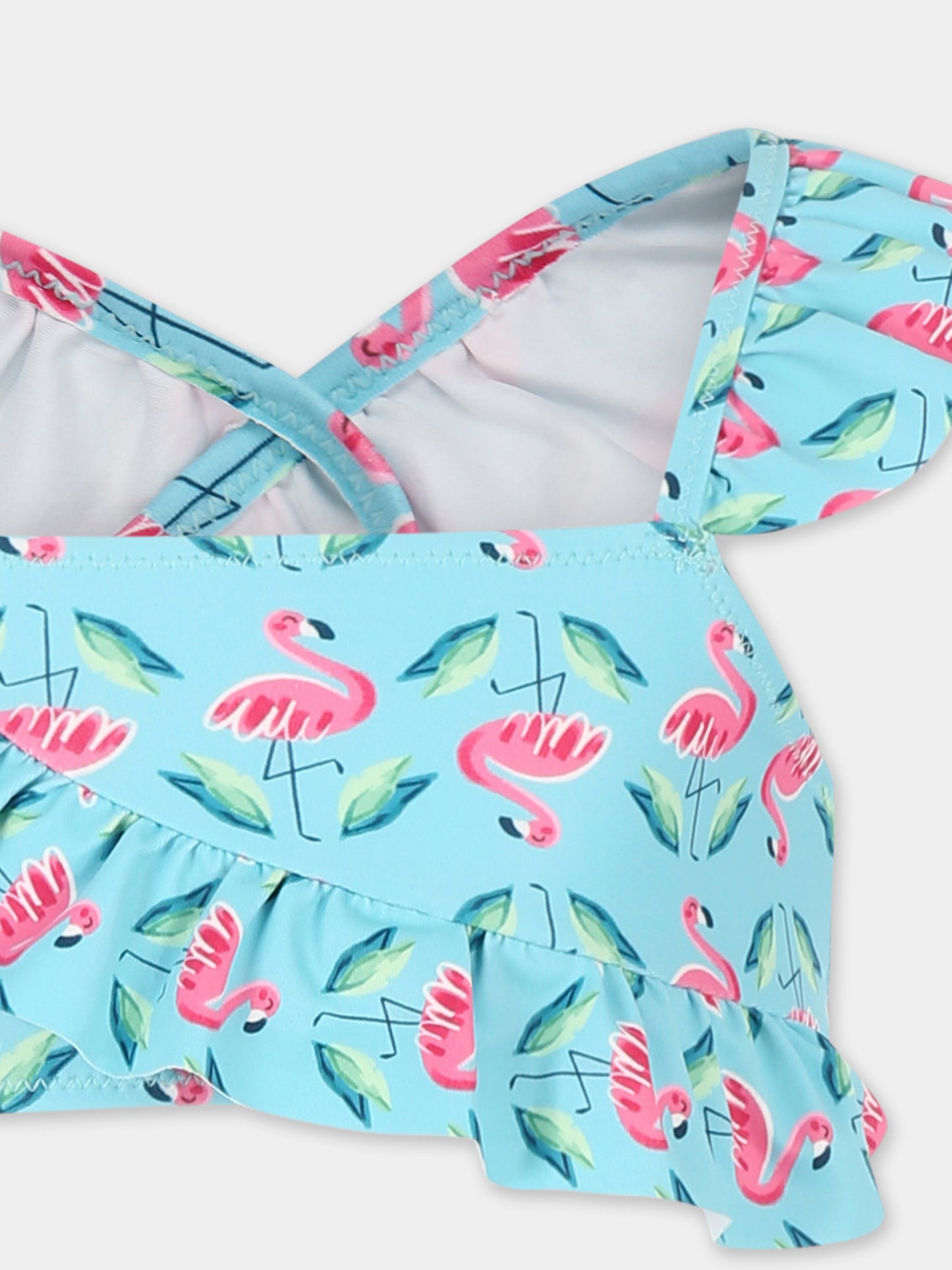 Bikini celeste per bambina con fenicottero all over