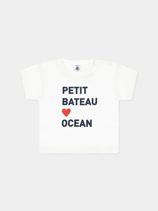 T-shirt bianca per neonati con logo e cuore,Petit Bateau,A0DI9 MARSHMALLOW 07
