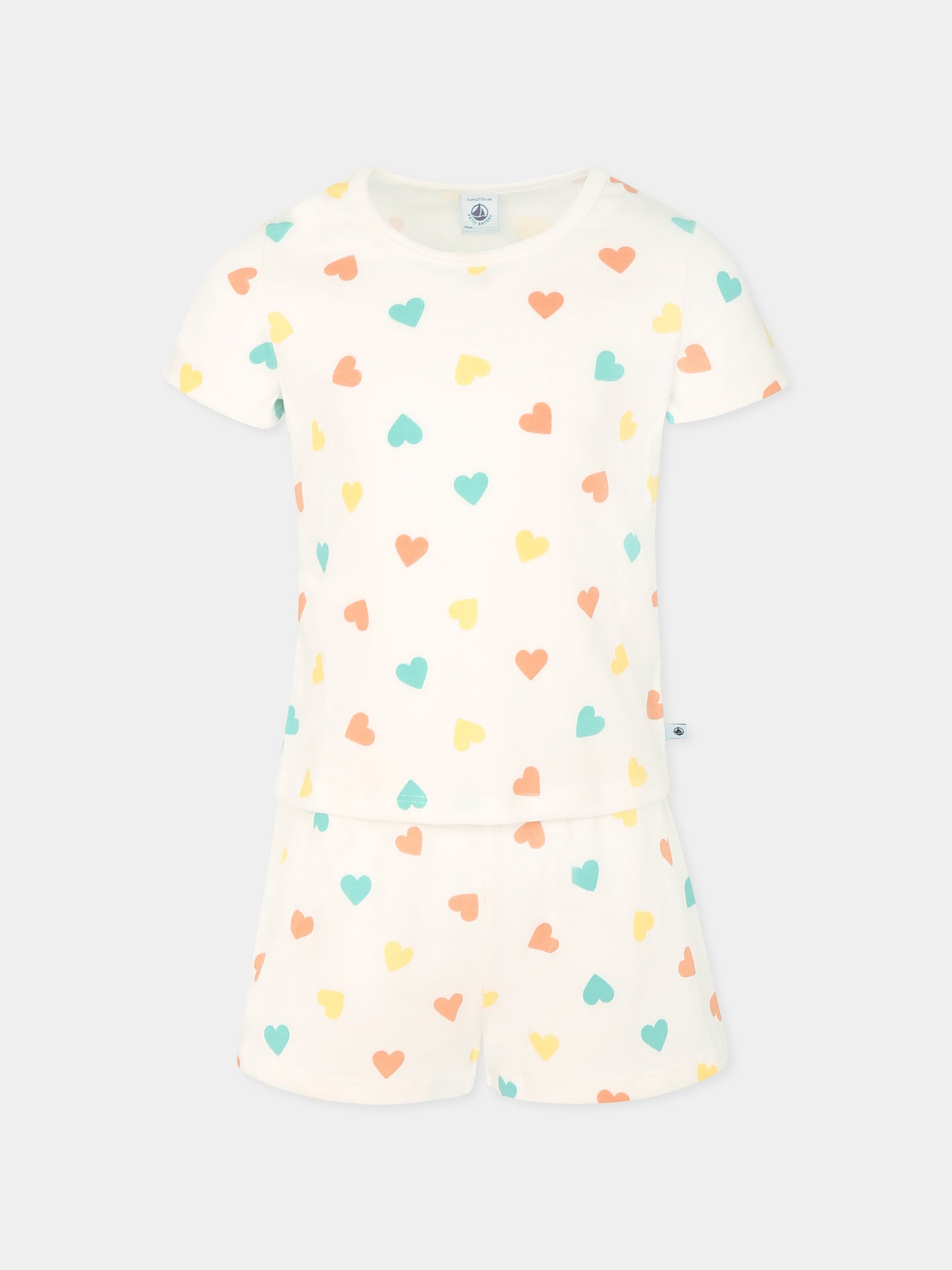 Pigiama bianco per bambina con cuori all over,Petit Bateau,A0CJZ MARSHMALLOW/MULTICO 01