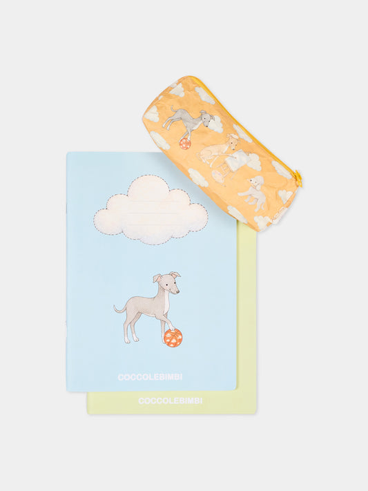 Set di 2 quaderni e astuccio con stampa cani