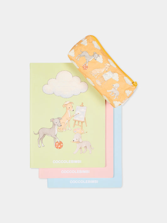 Set di 3 quaderni e astuccio con stampa cani