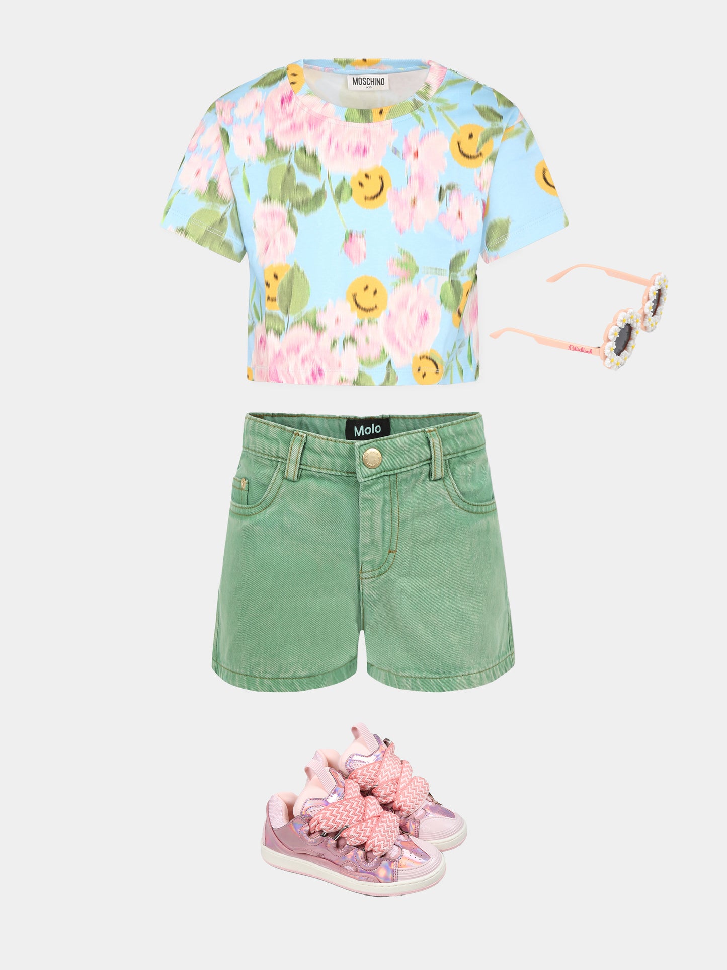 T-shirt crop azzurra per bambina con stampa floreale e smile