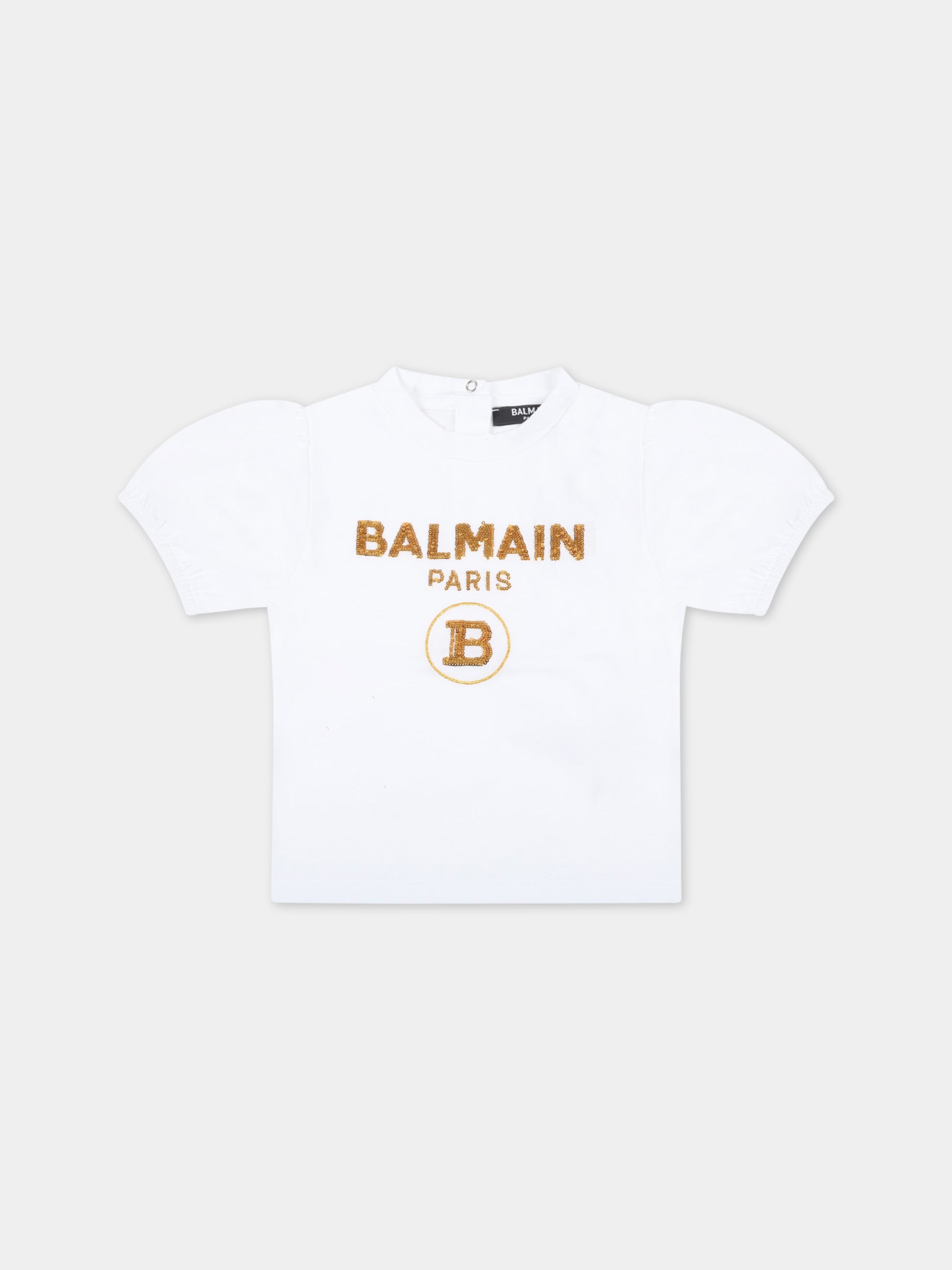 T-shirt bianca per neonata con logo dorato,Balmain Kids,6Q8851 J0006 100OR