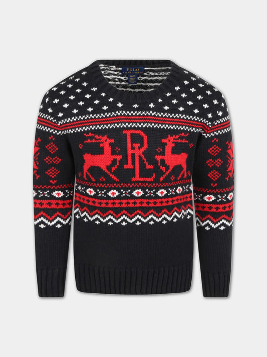 Maglione nero per bambino con renne,Ralph Lauren Kids,877759001