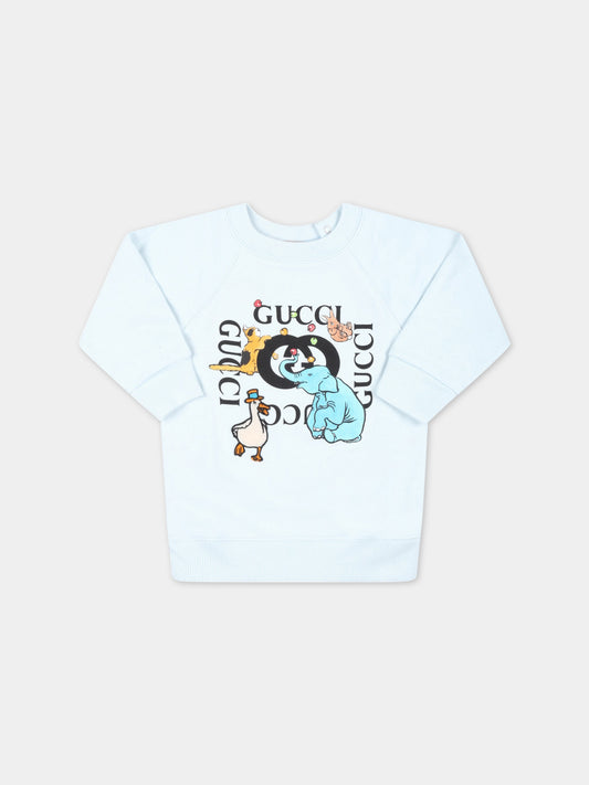 Felpa celeste per neonato con logo nero e animali,Gucci Kids,653687 XJEZX 4597