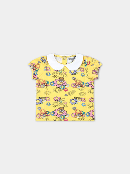 T-shirt gialla per neonata con fiori e Teddy Bear,Moschino Kids,MBM02S LBC01 84296