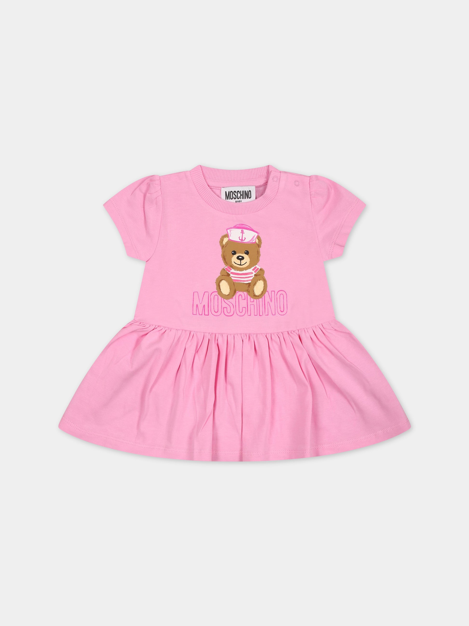 Vestito rosa per neonata con Teddy Bear e logo,Moschino Kids,MDV0AD LBA00 51473
