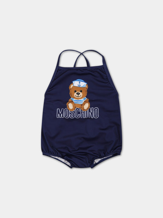 Costume blu per neonata con Teddy Bear e logo,Moschino Kids,MDL00K LKA00 40016