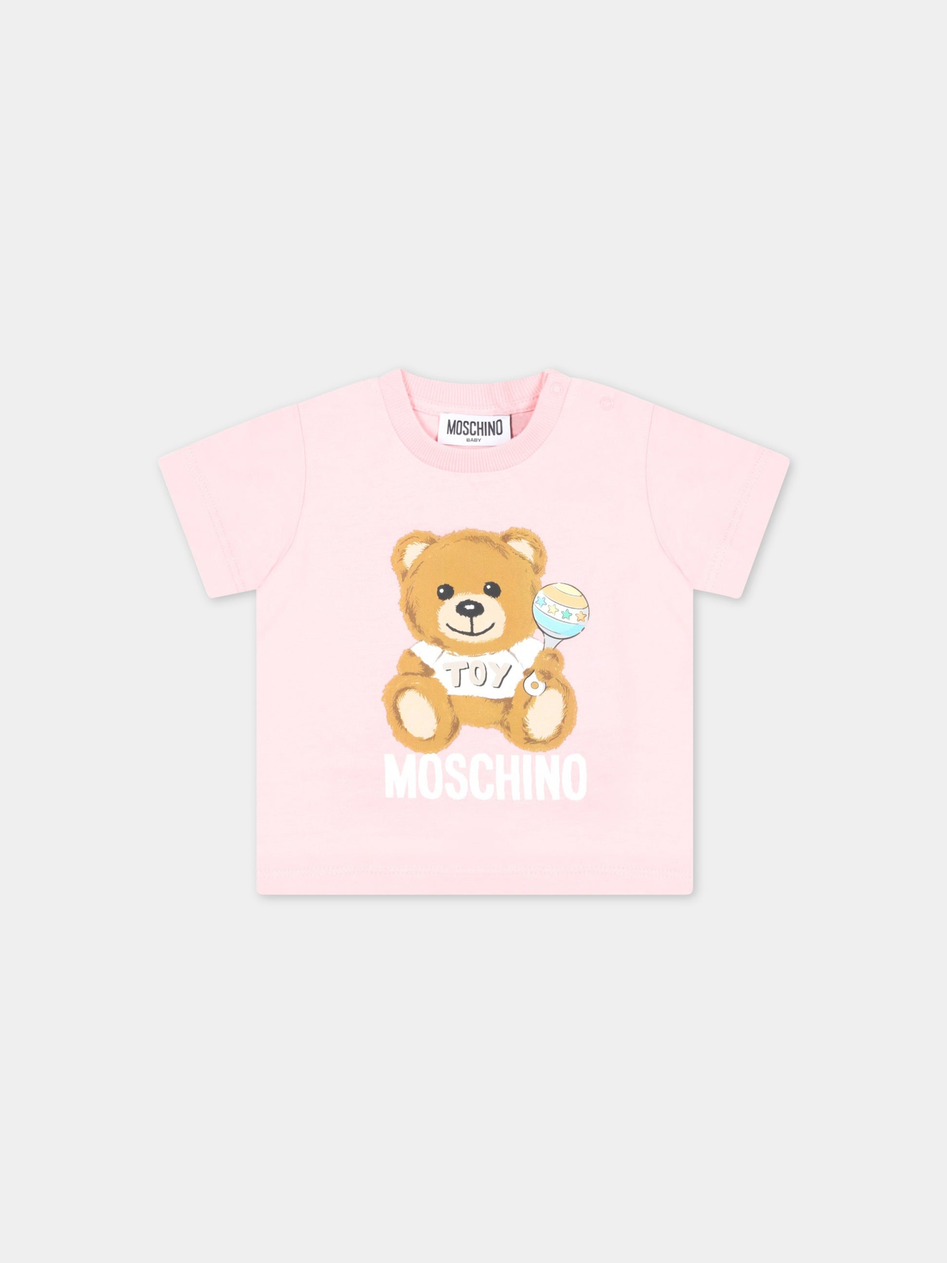T-shirt rosa per neonata con Teddy Bear e logo,Moschino Kids,MOM032 LAA03 50209
