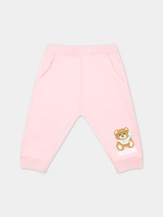 Pantaloni rosa da tuta per neonata con Teddy Bear,Moschino Kids,MZP02I LCA19 50209