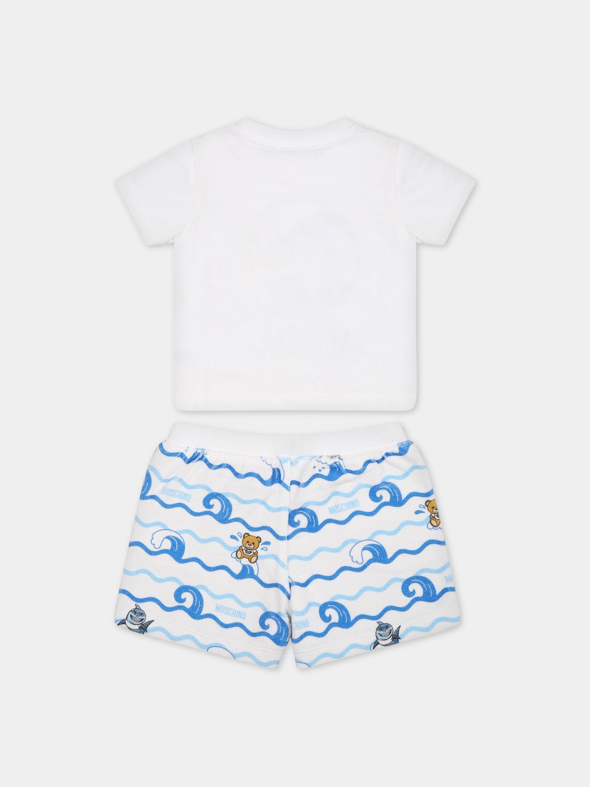 Completo bianco per neonato con Teddy bear,logo e stampa,Moschino Kids,MUG00W LAA02 84294