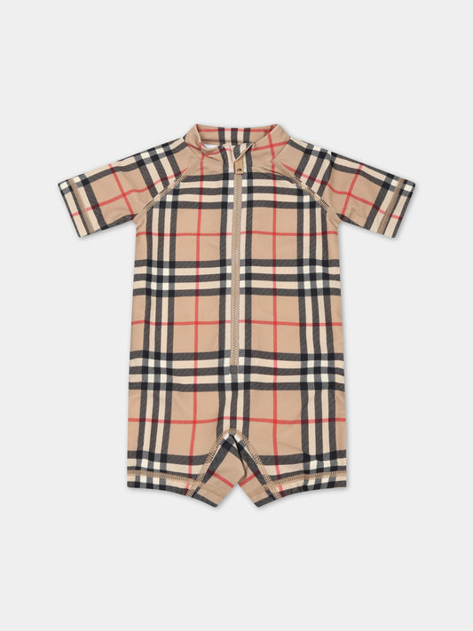 Pagliaccetto beige anti UV per neonati con iconico check vintage,Burberry Kids,8061982
