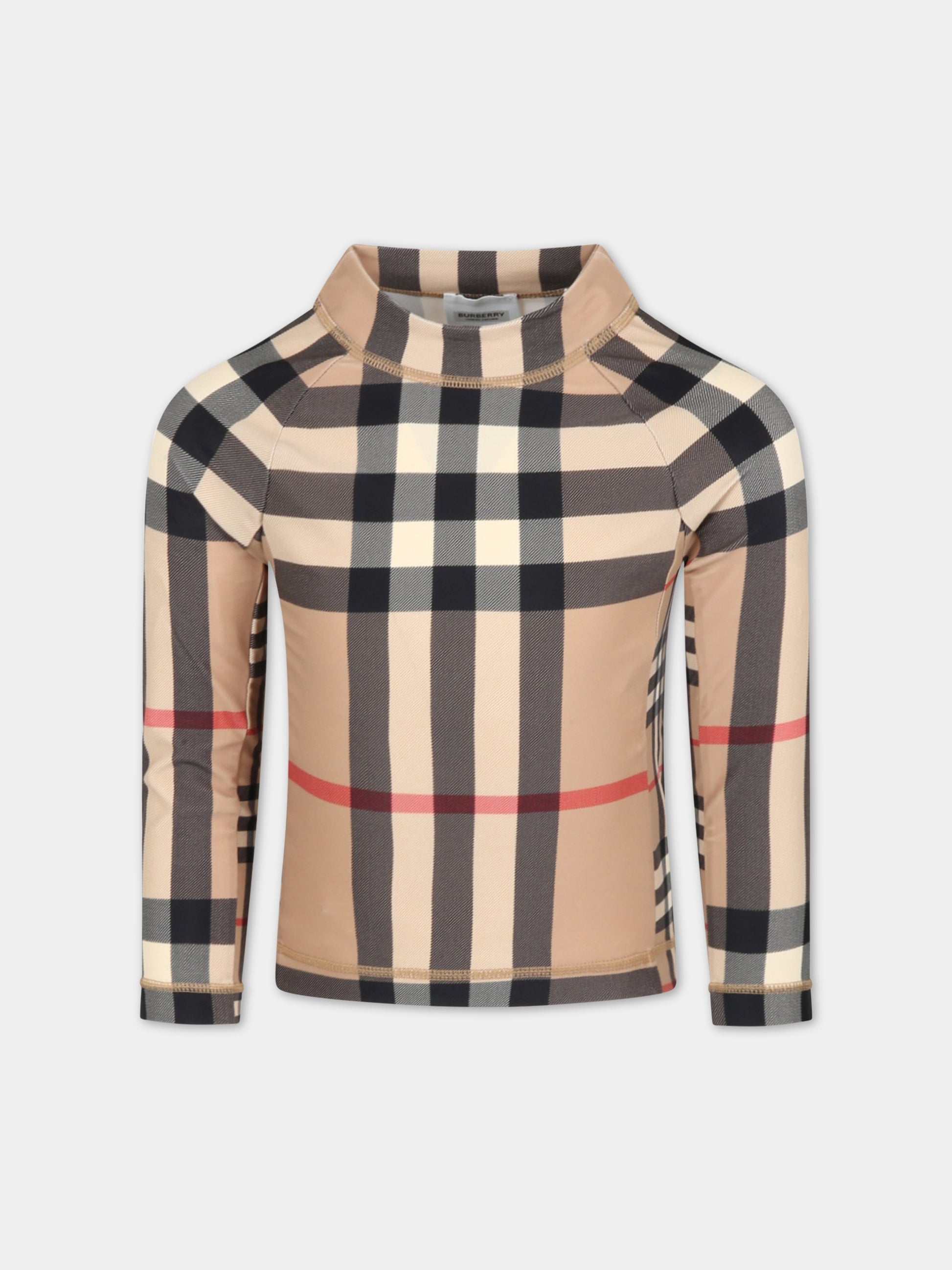 T-shirt beige anti UV per bambini con iconico check vintage,Burberry Kids,8061981