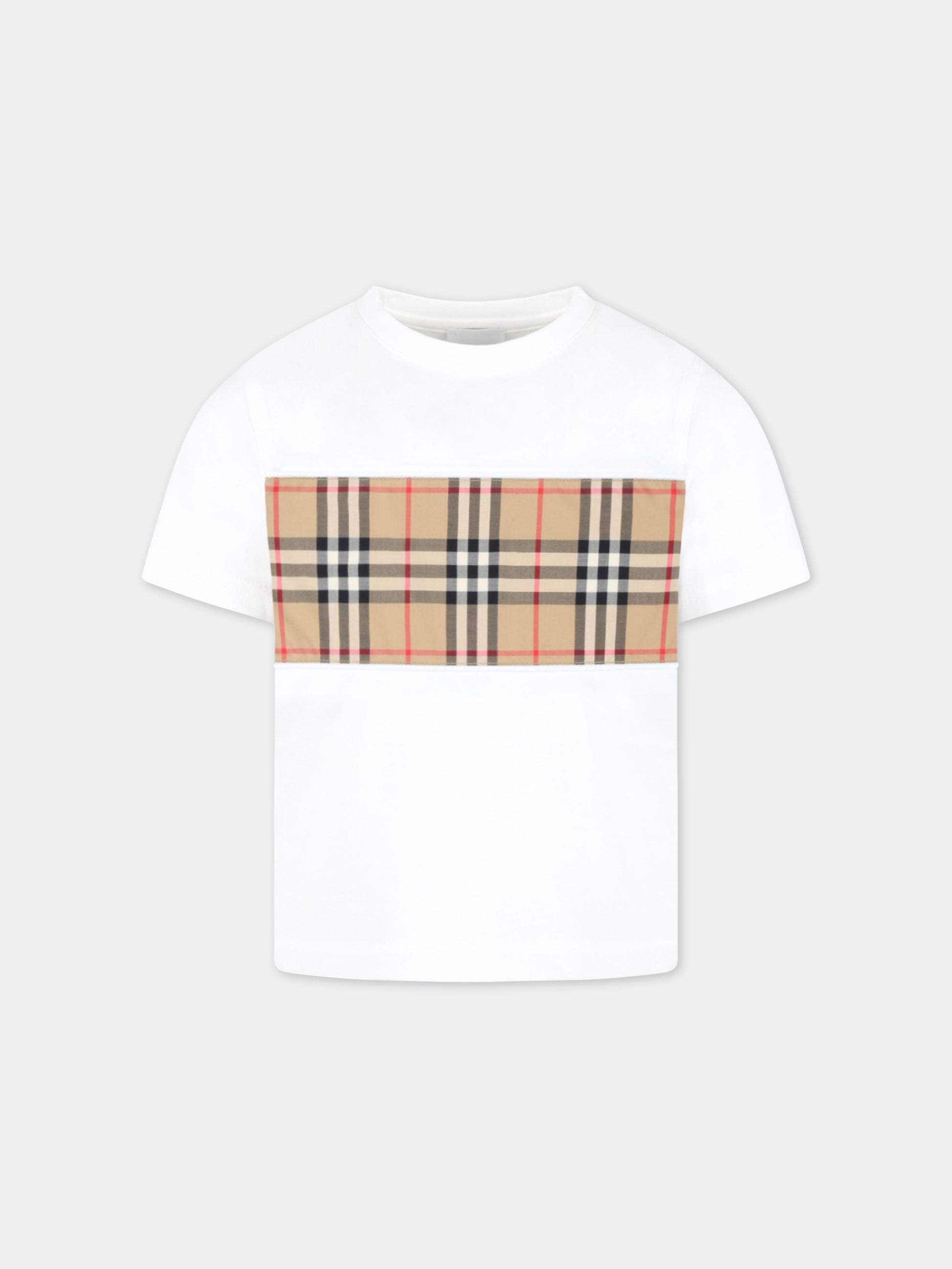 T-shirt bianca per bambini con check vintage e logo nero,Burberry Kids,8064783