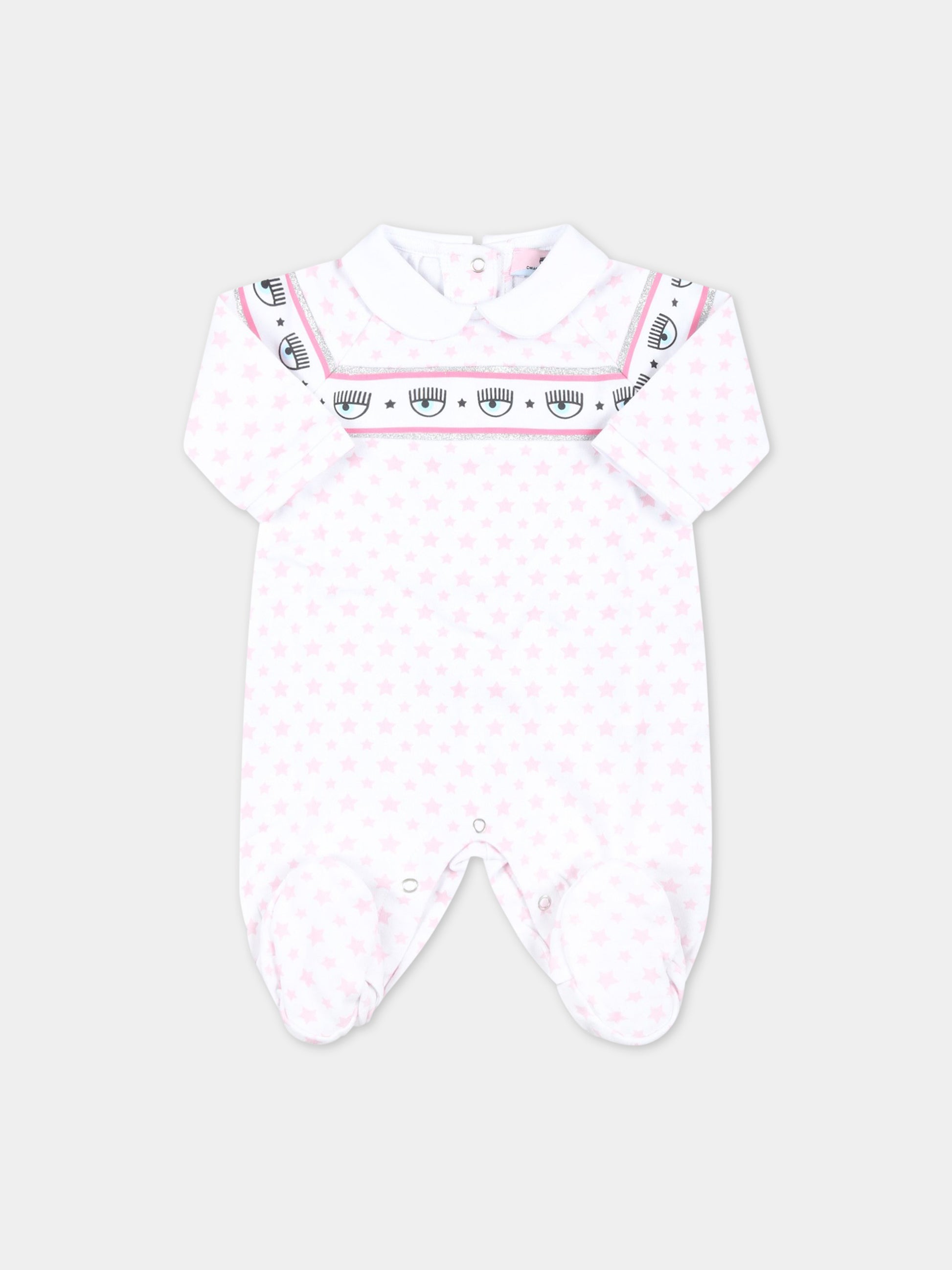 Tutina bianca per neonata con stelle rosa,Chiara Ferragni Collection,55A201 1001 9990