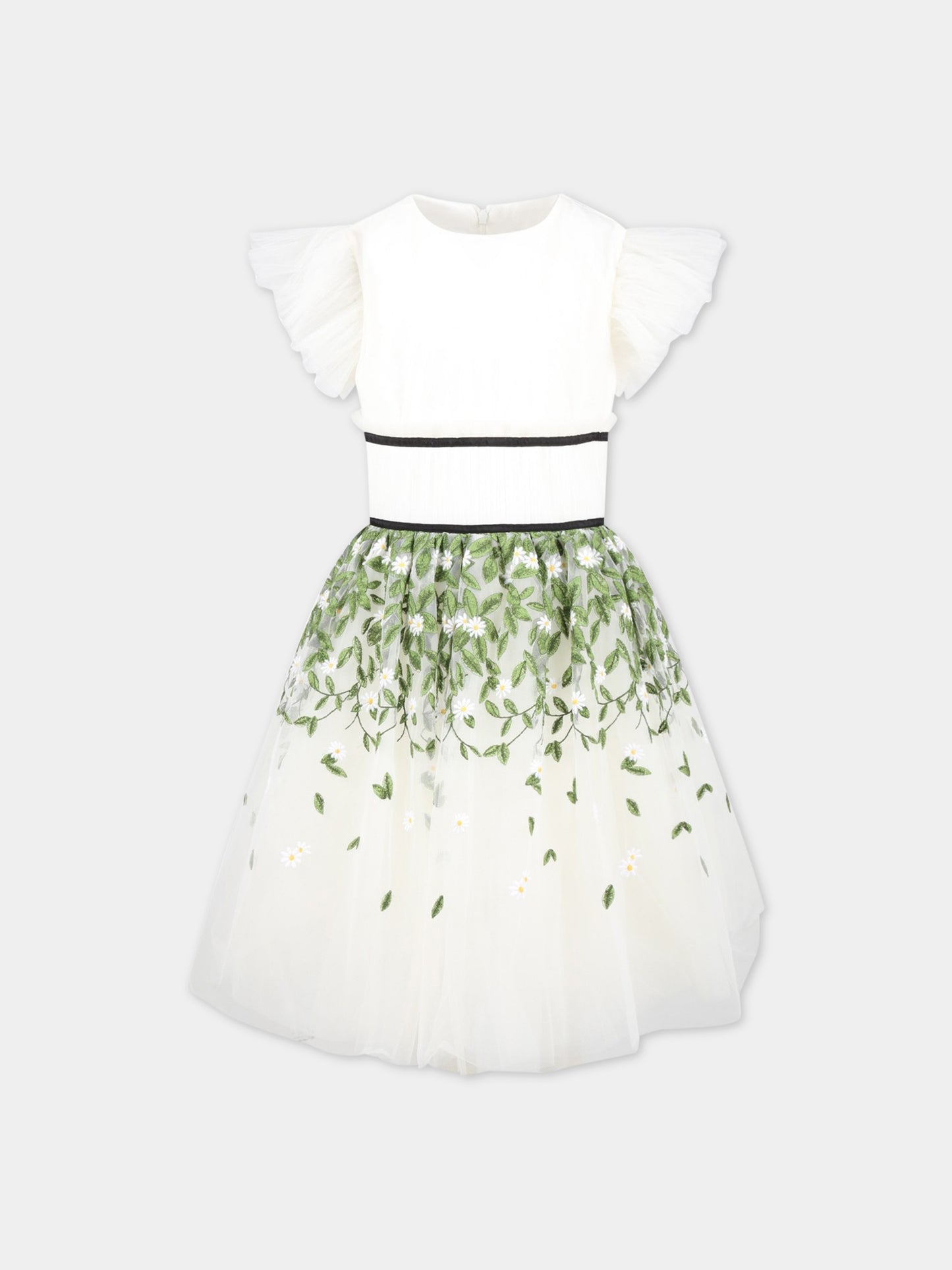 Vestito bianco per bambina con fiori e foglie,Monnalisa,71A912 1912 0123