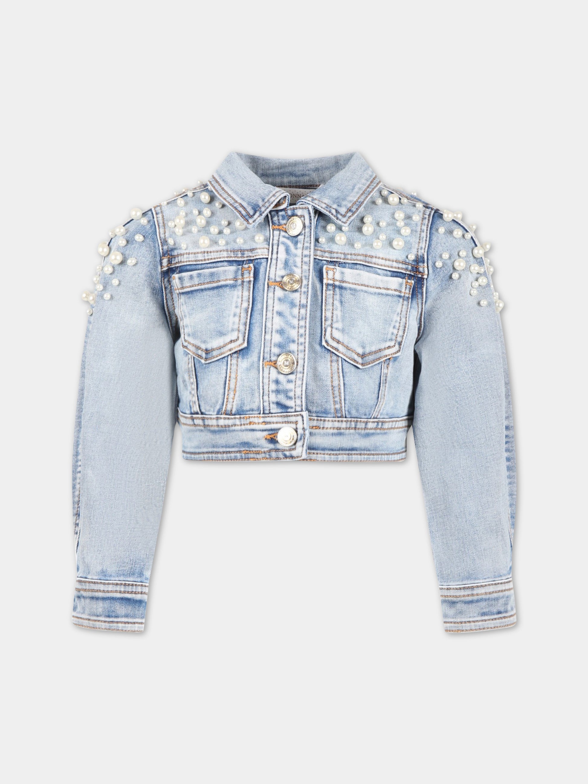 Giacca celeste per bambina con perle,Monnalisa,79A100 1051 0057
