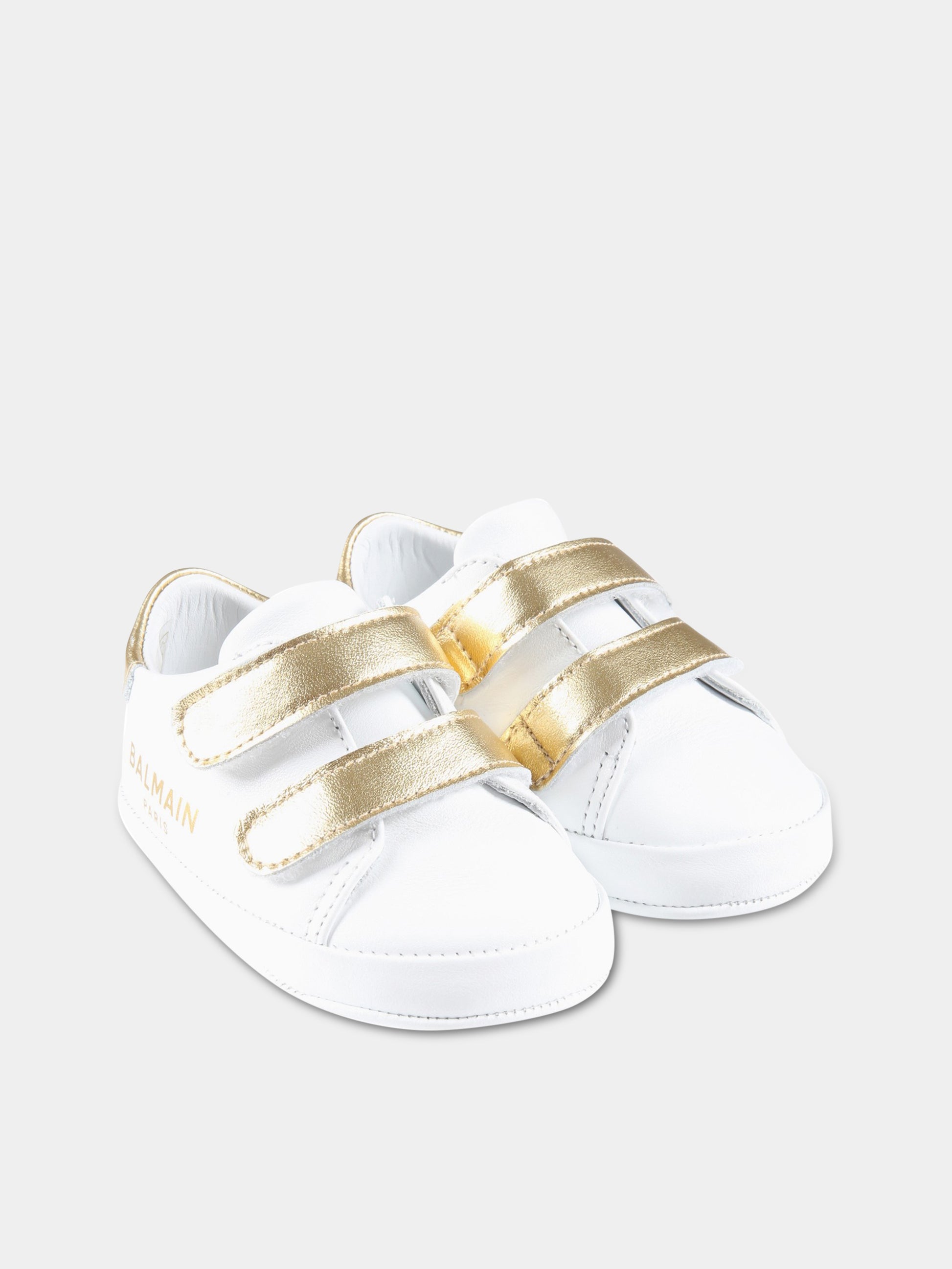 Sneakers bianche da culla per neonato con logo dorato,Balmain Kids,BS0586 Y0051 100OR