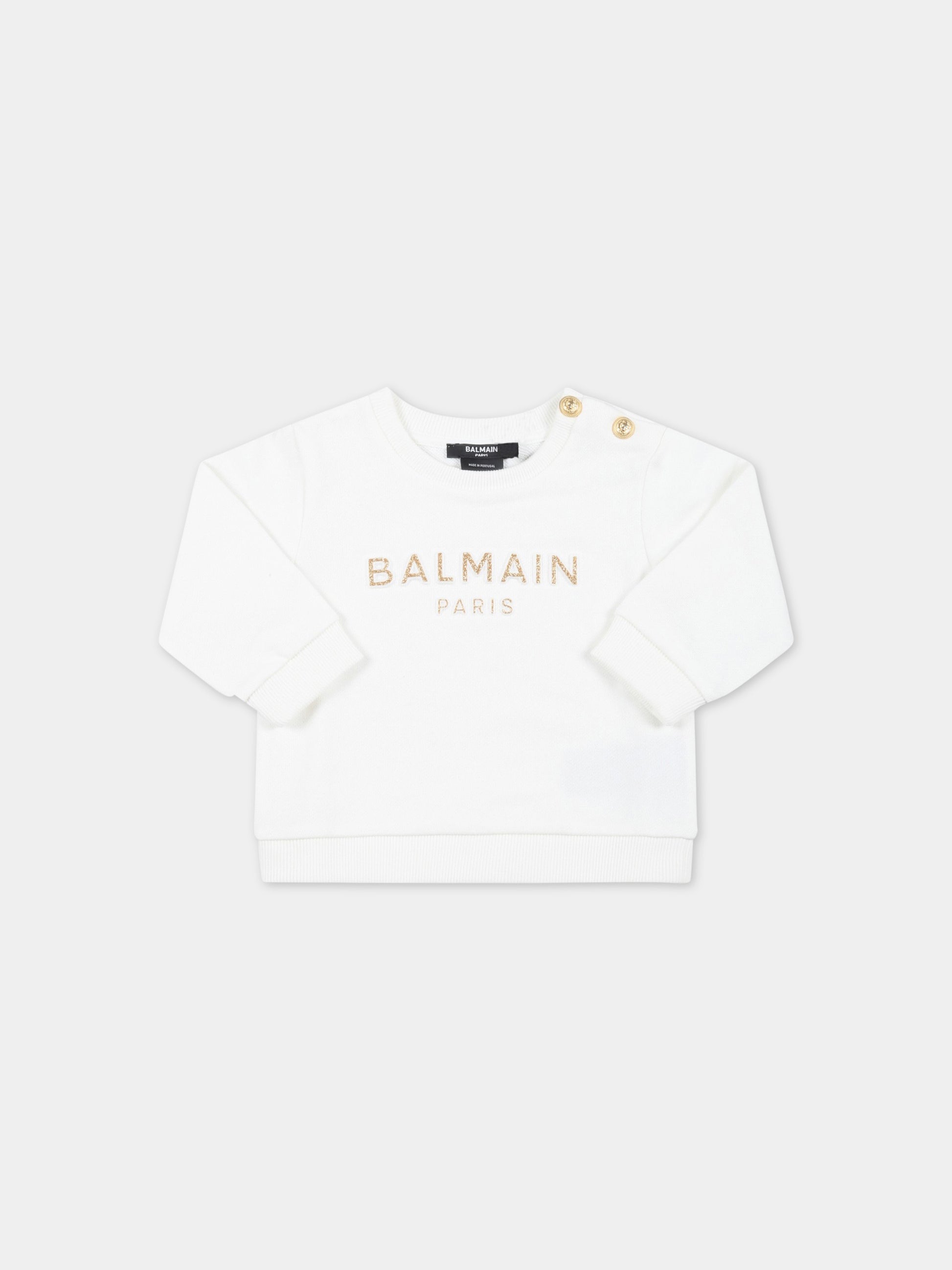Felpa bianca per neonata con logo dorato,Balmain Kids,BS4000 Z0001 102