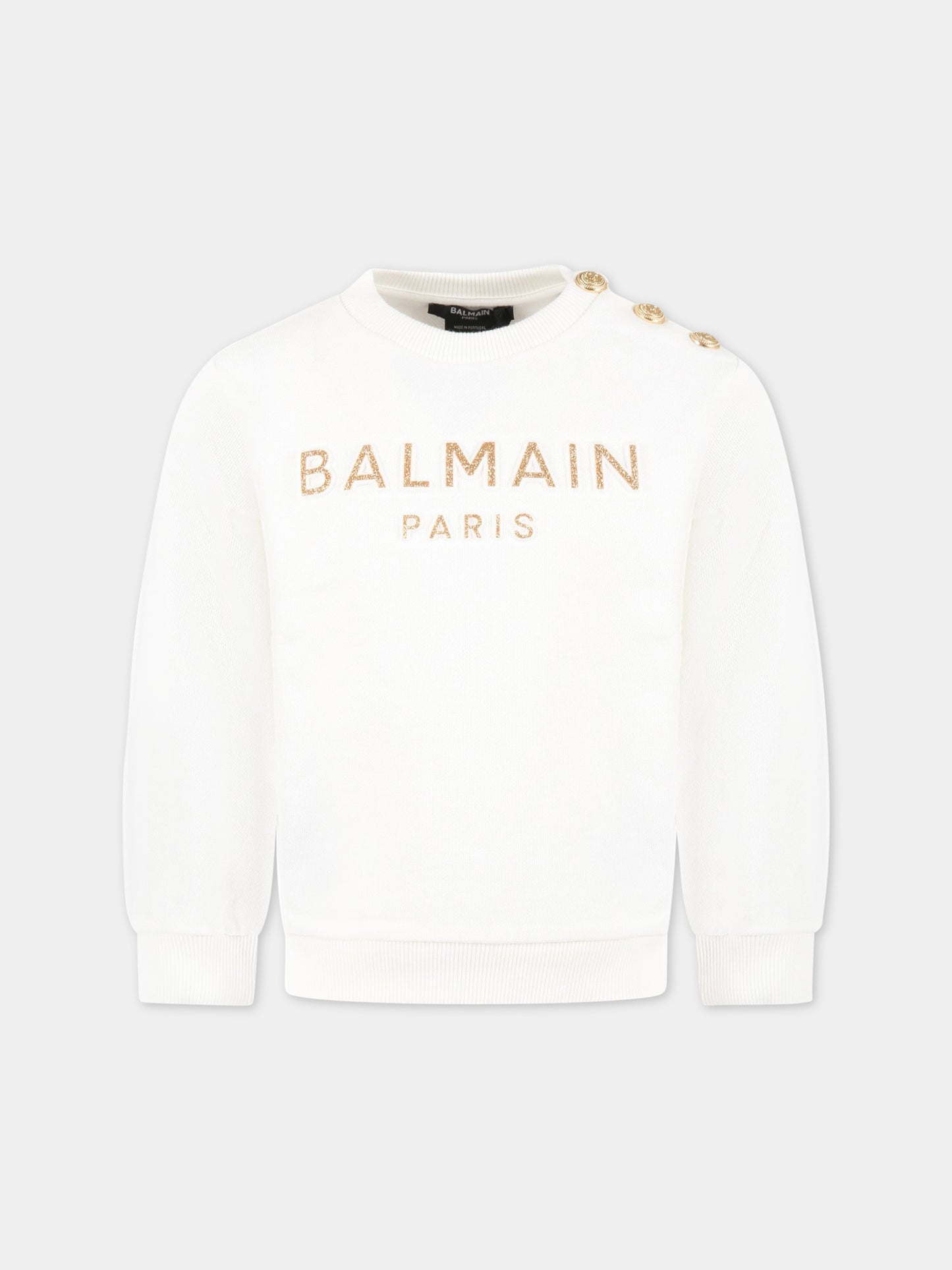 Felpa bianca per bambina con logo dorato,Balmain Kids,BS4A00 Z0001 102