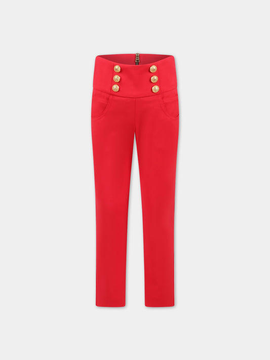 Pantaloni rossi per bambina con bottoni dorati,Balmain Kids,BS6B40 I0089 412OR