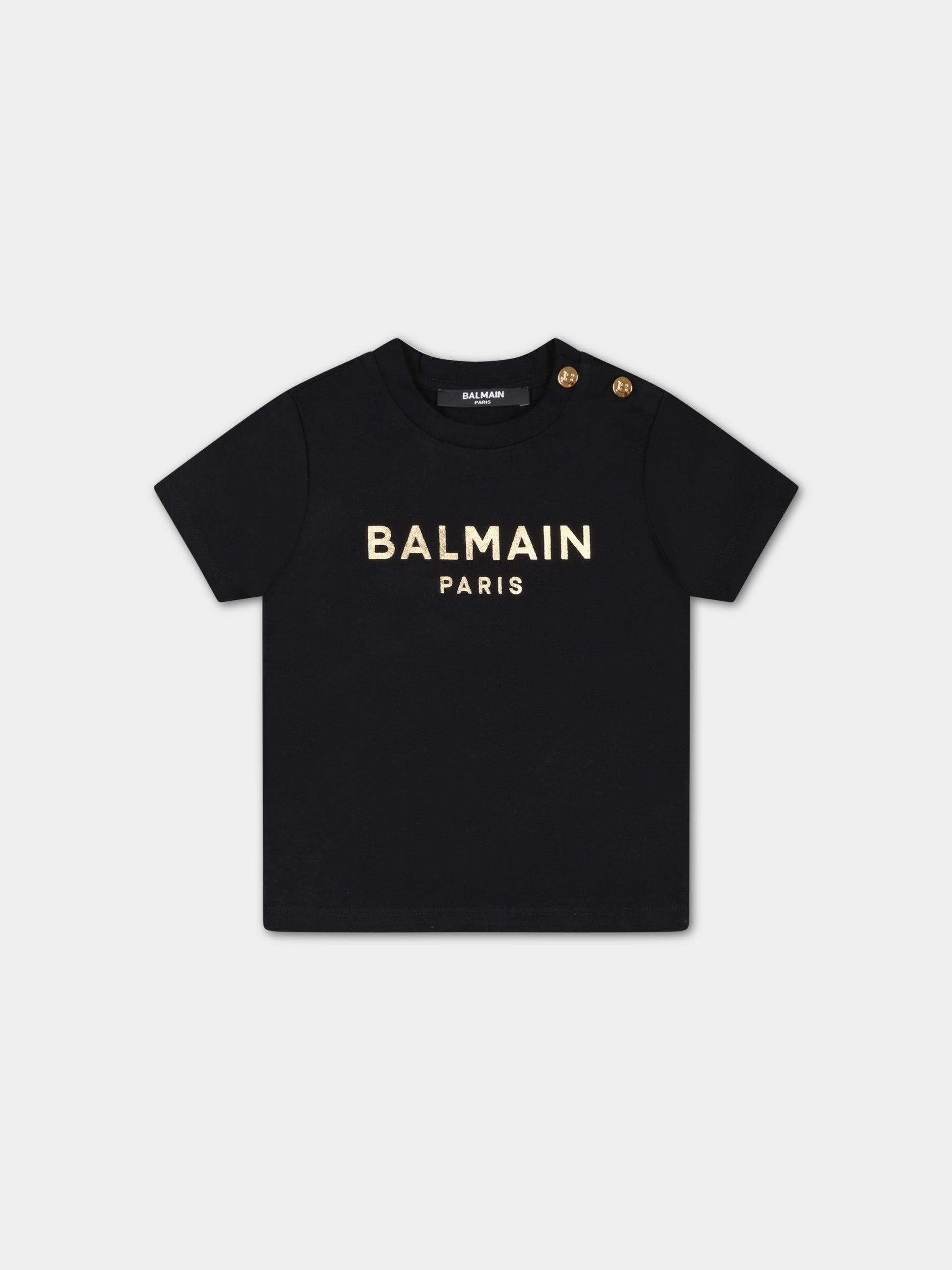 T-shirt nera per neonati con logo dorato,Balmain Kids,BS8011 Z0057 930OR