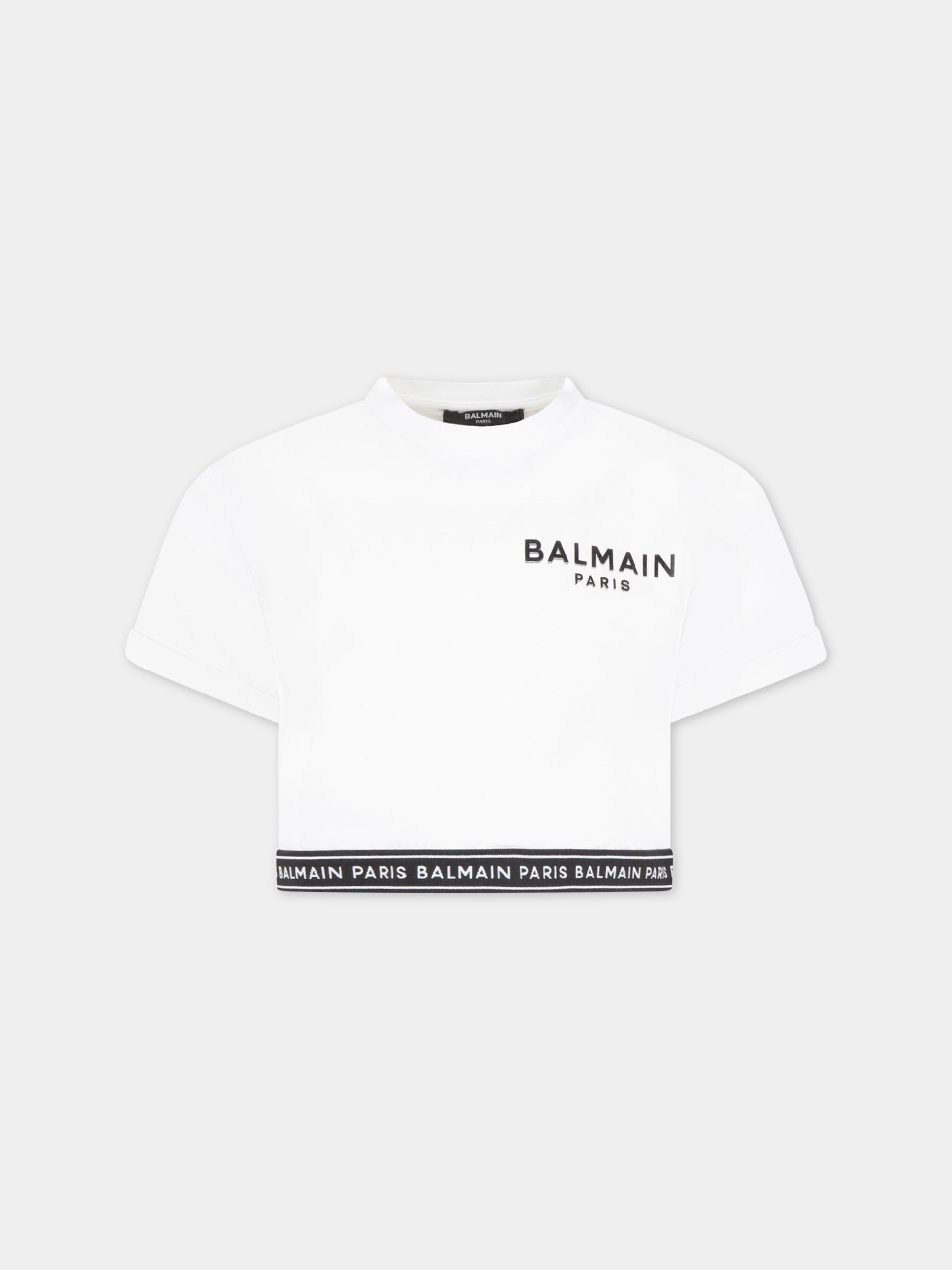 T-shirt bianca per bambina con logo nero,Balmain Kids,BS8A21 Z0082 100NE