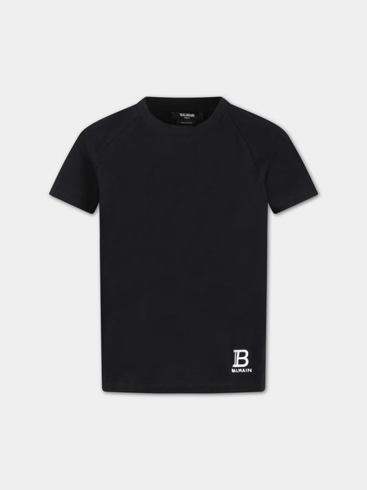 T-shirt nera per bambini con logo bianco,Balmain Kids,BS8P11 Z0057 930BC