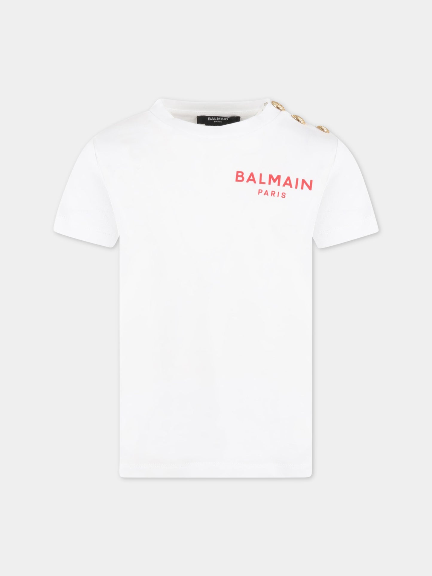 T-shirt bianca per bambino con logo rosso e iconici bottoni,Balmain Kids,BS8P21 Z0057 100