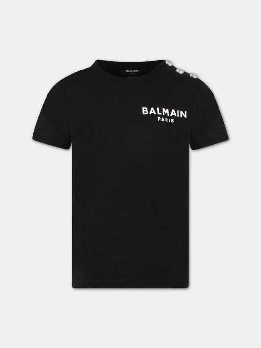 T-shirt nera per bambino con logo bianco e iconici bottoni,Balmain Kids,BS8P21 Z0057 930AG