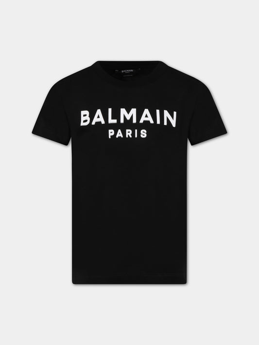 T-shirt nera per bambini con logo bianco,Balmain Kids,BS8P31 Z0082 930BC