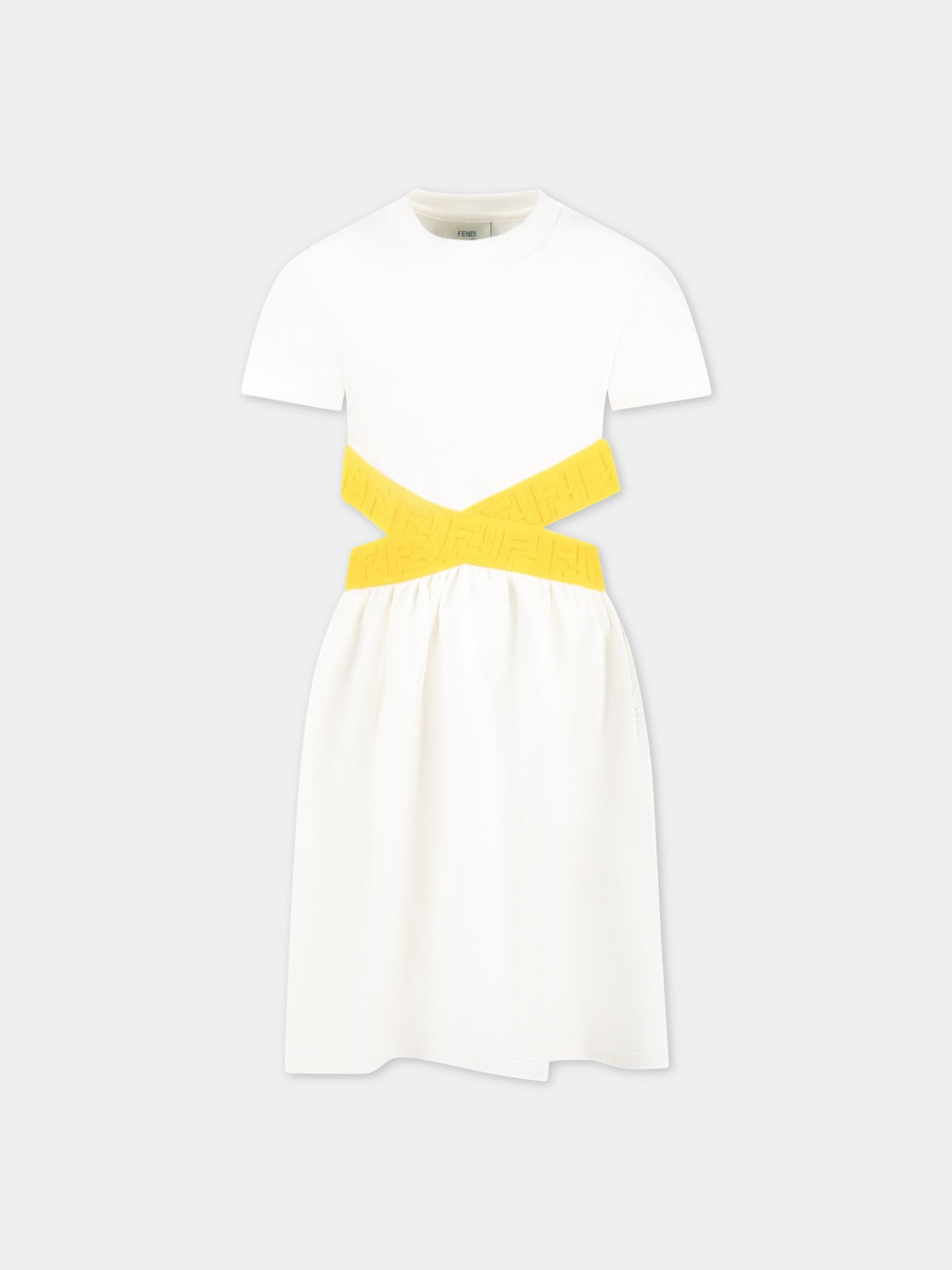 Vestito bianco per bambina con logo giallo,Fendi Kids,JFB501 5V0 F1JDY