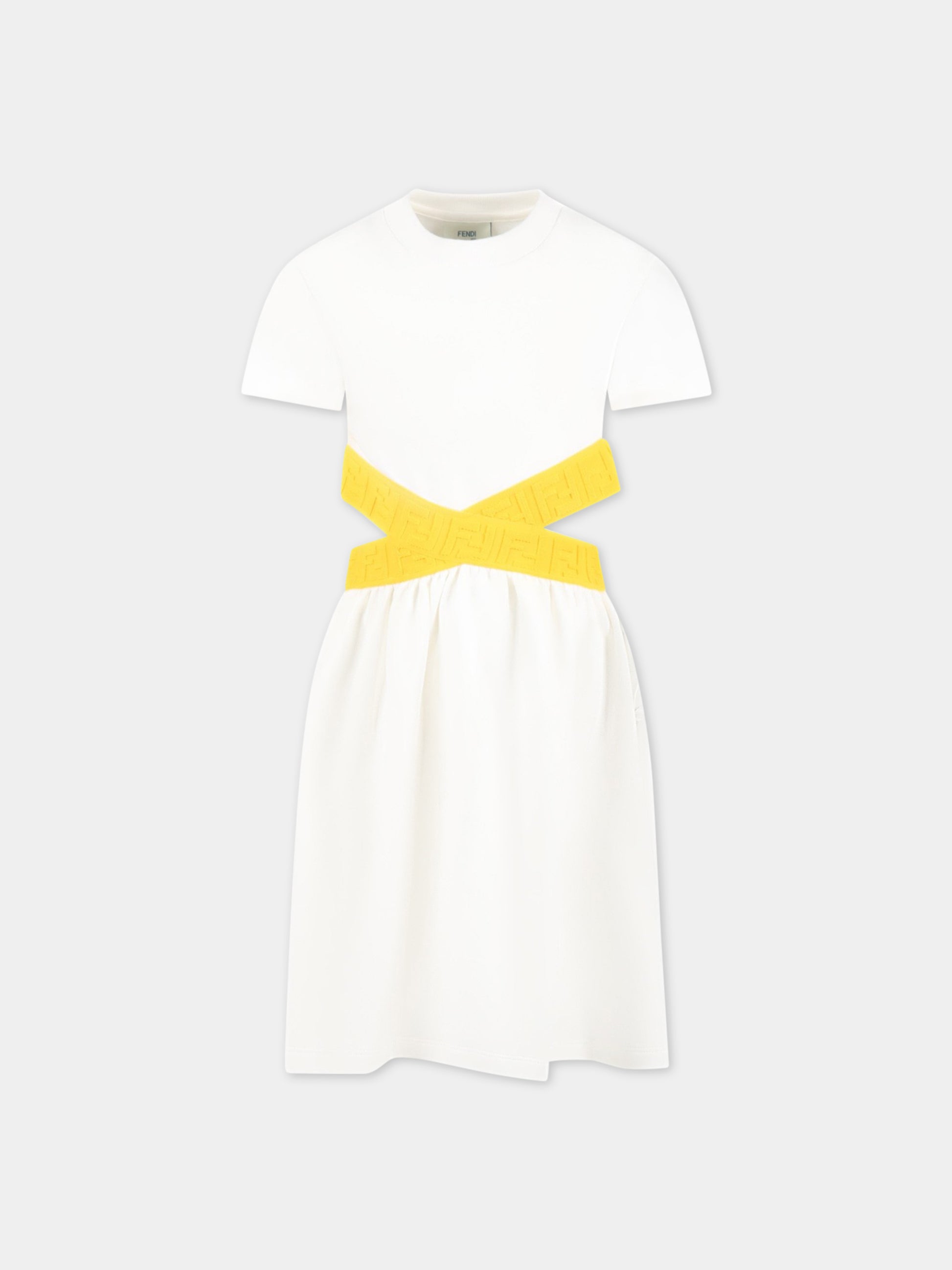 Vestito bianco per bambina con logo giallo,Fendi Kids,JFB501 5V0 F1JDY