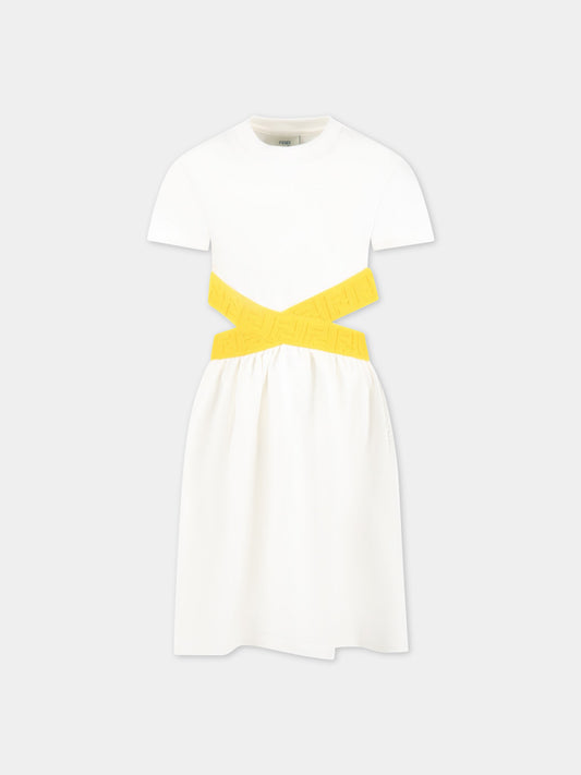 Vestito bianco per bambina con logo giallo,Fendi Kids,JFB501 5V0 F1JDY