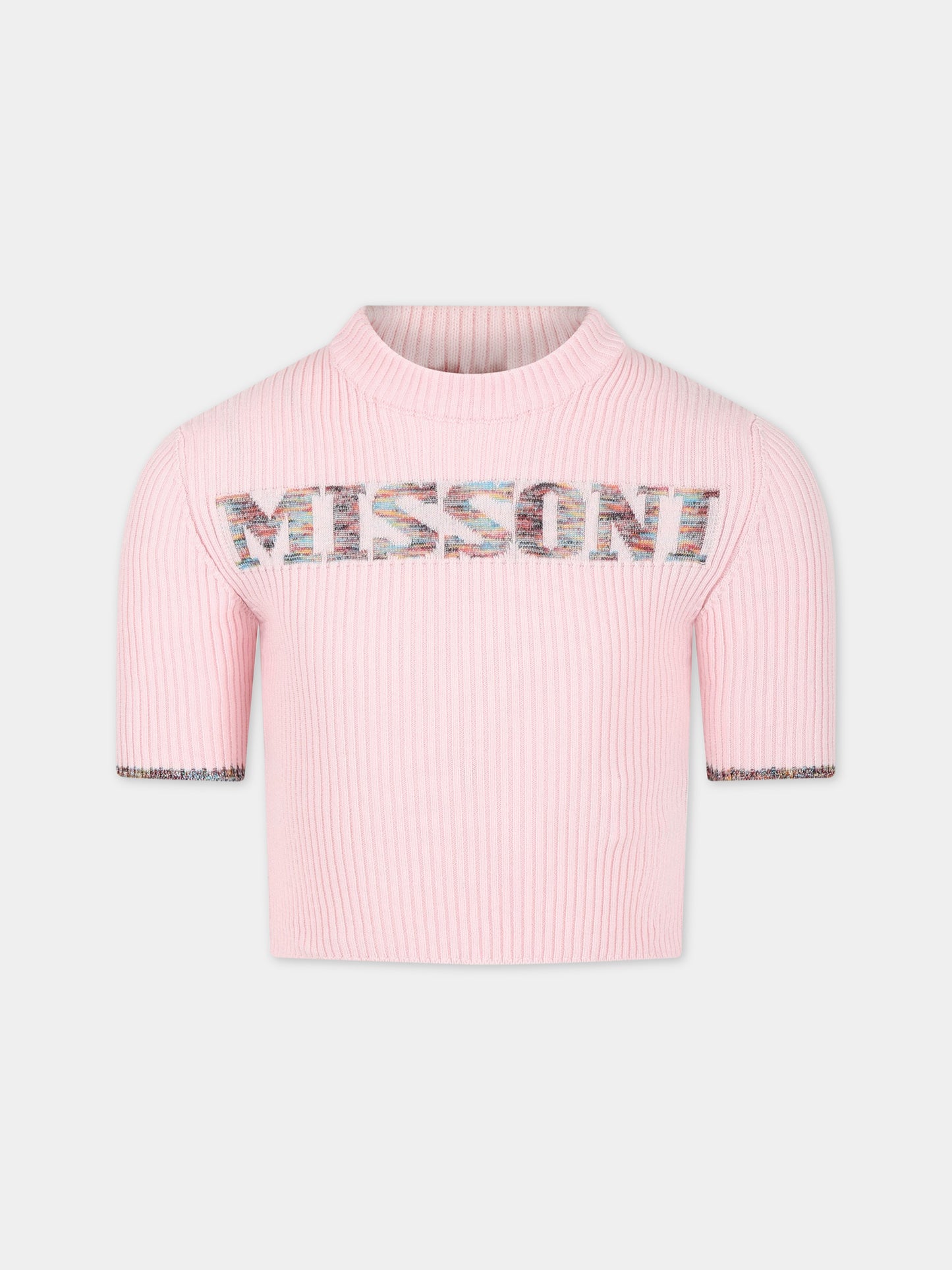 Maglione rosa per bambina con logo multicolor ricamato,Missoni,MS9A11 X0007 501