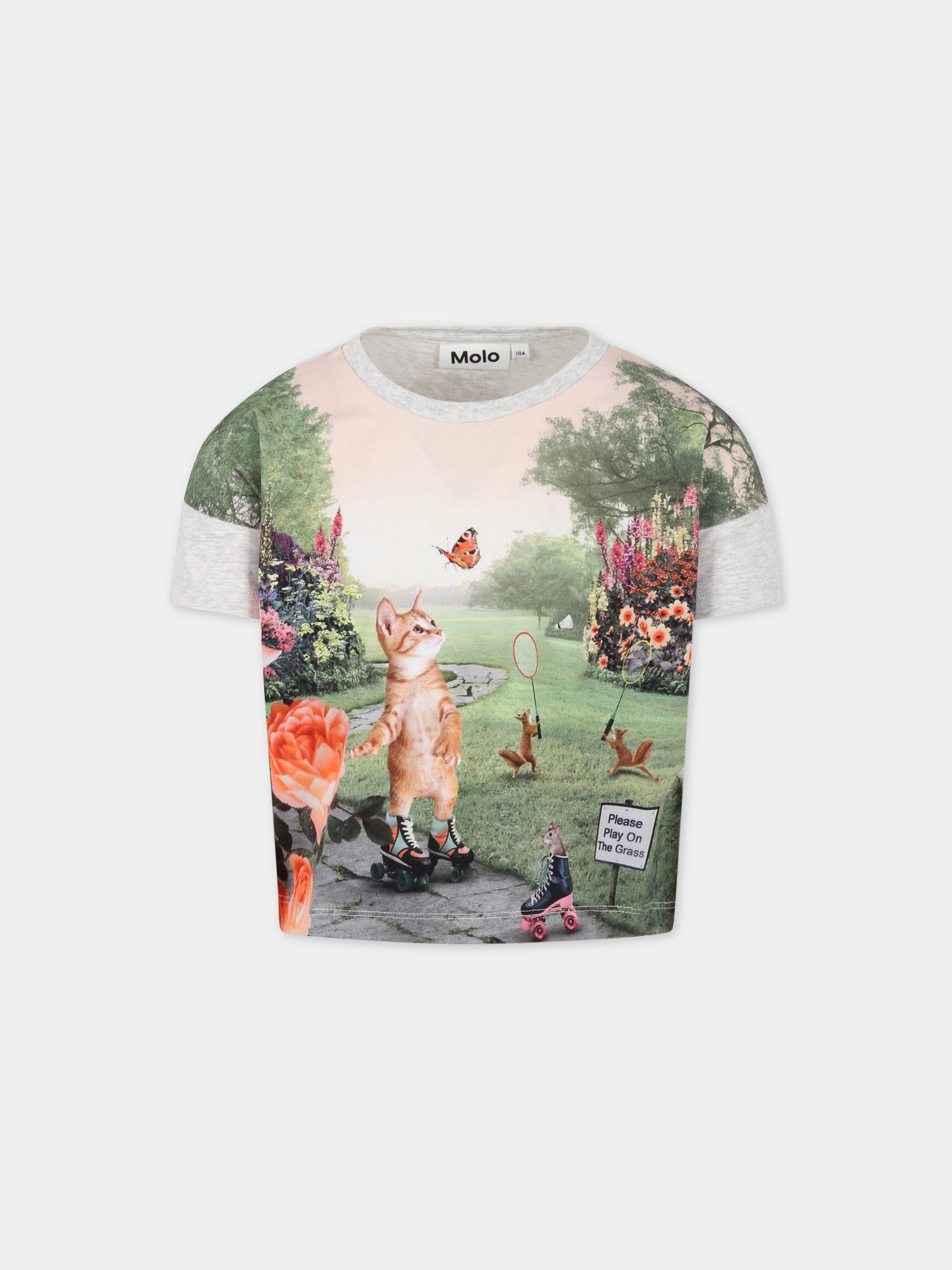 T-shirt grigia per bambina con gatto e logo,Molo,2S23A215 3275