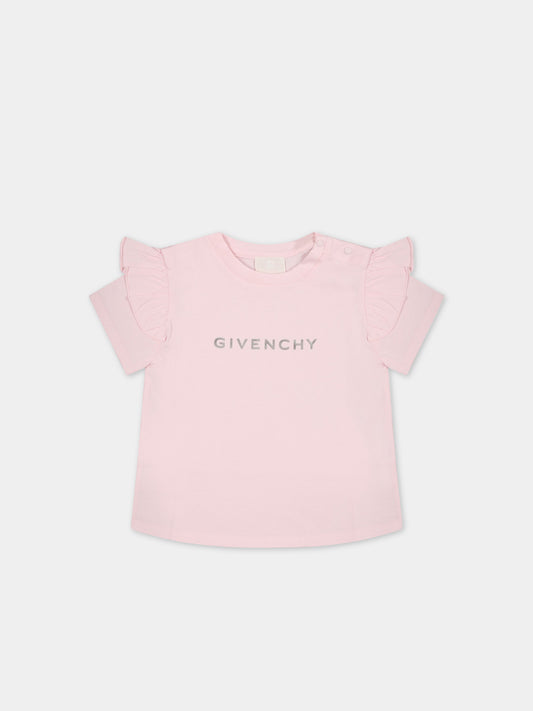 T-shirt rosa per neonata con logo argentato,Givenchy Kids,H05256 44Z