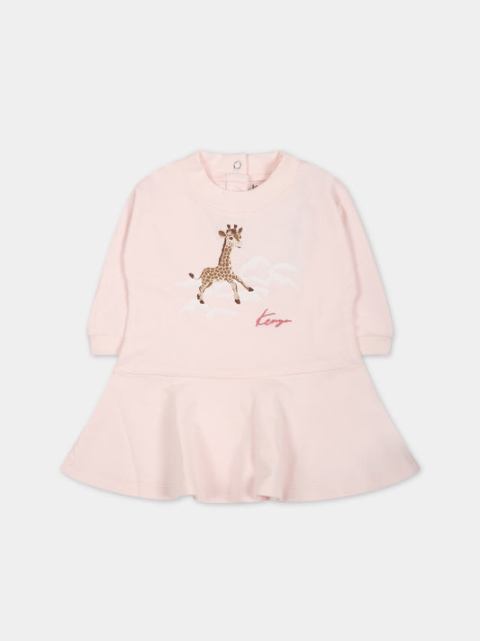 Vestito rosa per neonata con stampa giraffa e logo,Kenzo Kids,K98108 450