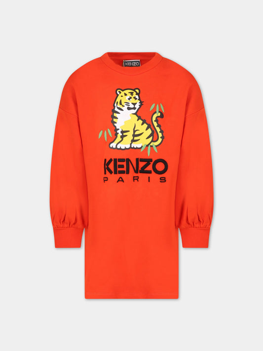Vestito rosso per bambina con tigre e logo,Kenzo Kids,K12290 987