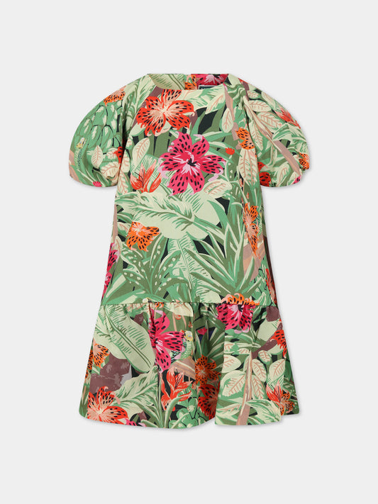 Vestito multicolor per bambina con stampa giungla e logo,Kenzo Kids,K12312 675