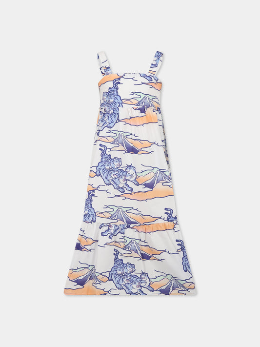 Vestito bianco per bambinaa con stampa multicolor, tigri e logo,Kenzo Kids,K12298 10P