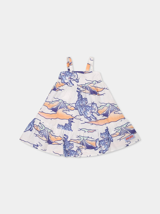 Vestito bianco per neonata con stampa multicolor, tigri e logo,Kenzo Kids,K04221 10P