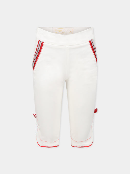 Pantaloni bianchi per bambina con dettagli rossi e logo,Genny,GFBE003 CA248 0000