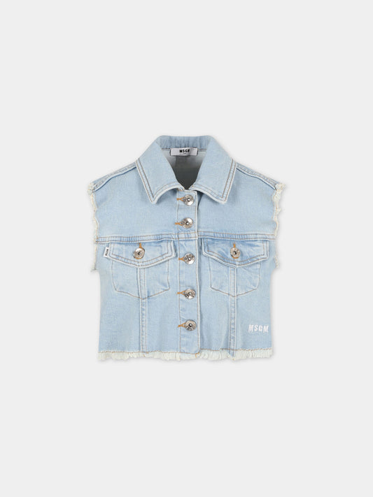 Giacca celeste smanicata per bambina con logo,Msgm Kids,MS029378 126