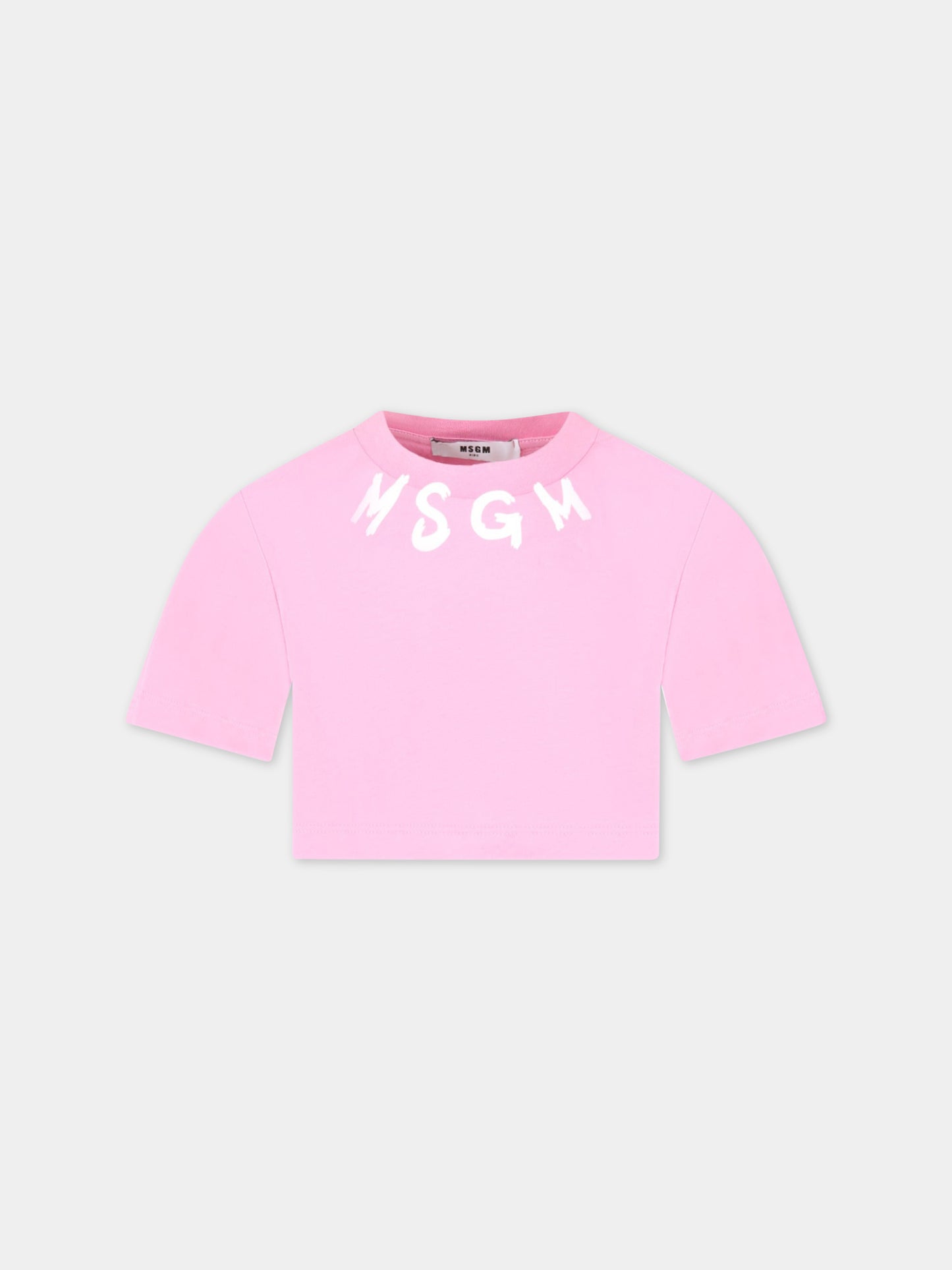T-shirt rosa corta per bambina con logo bianco,Msgm Kids,MS029339 042