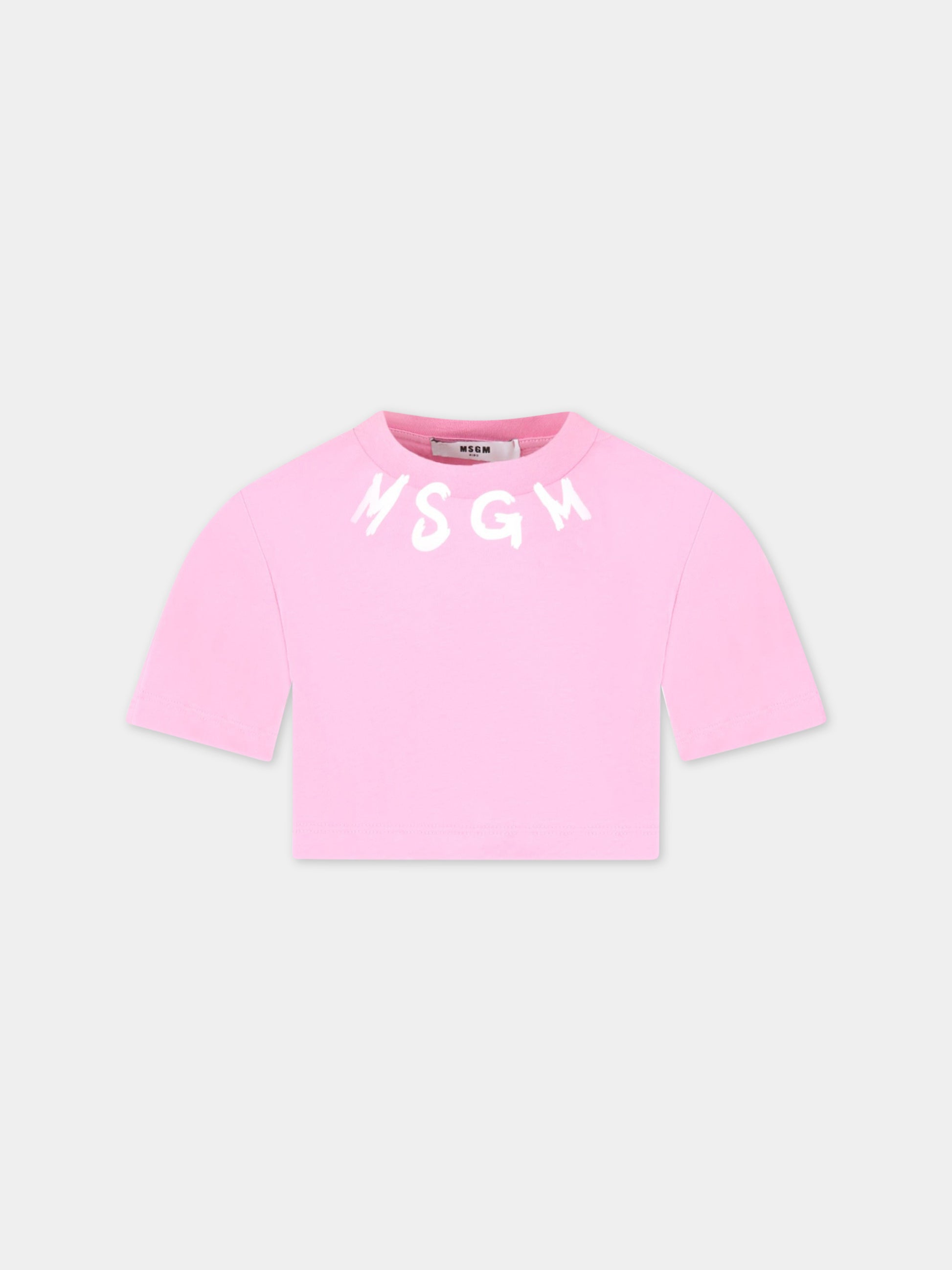 T-shirt rosa corta per bambina con logo bianco,Msgm Kids,MS029339 042