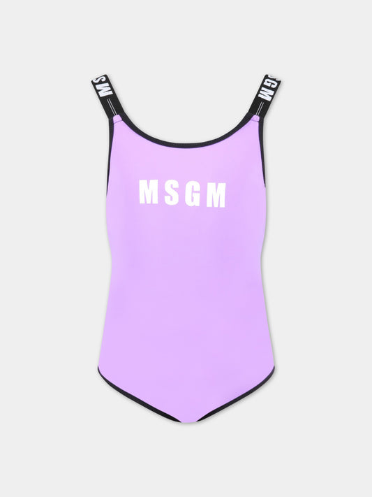 Costume viola da bagno per bambina con logo bianco,Msgm Kids,MS029343 071