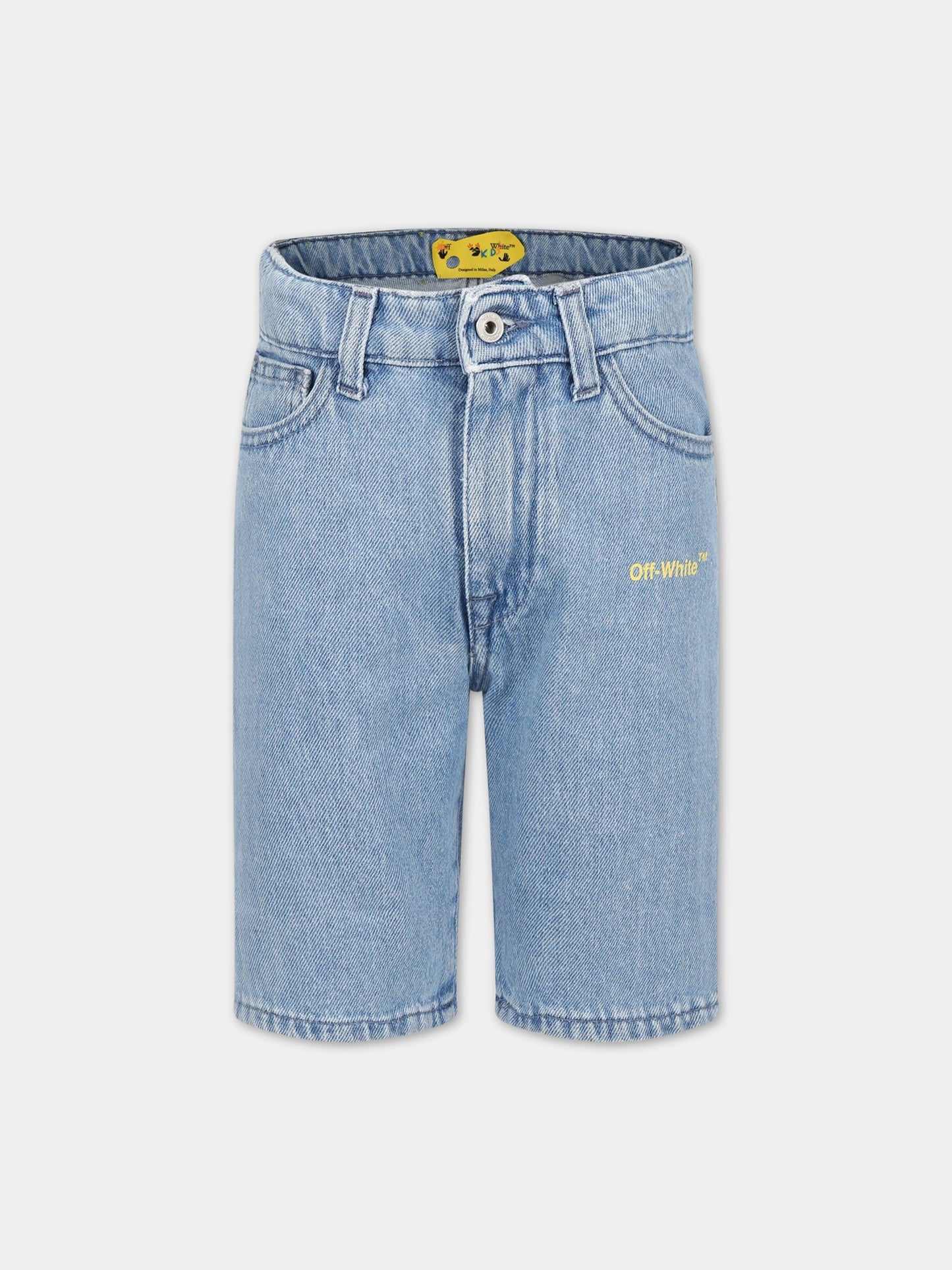 Shorts celesti per bambino con logo e frecce,Off White,OBYC001S23DEN0014418