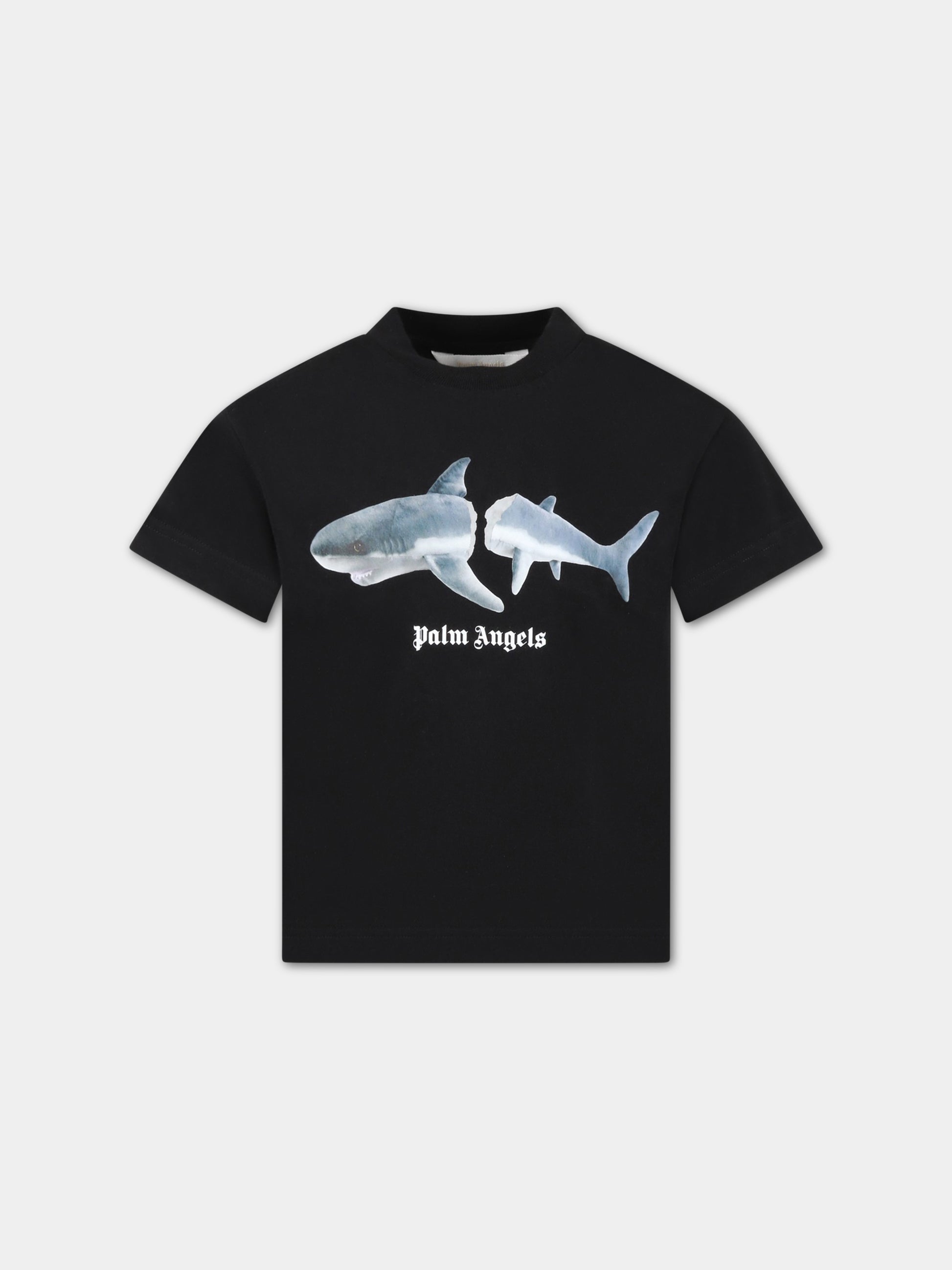 T-shirt nera per bambino con logo bianco e squalo,Palm Angels,PBAA003C99JER0031006